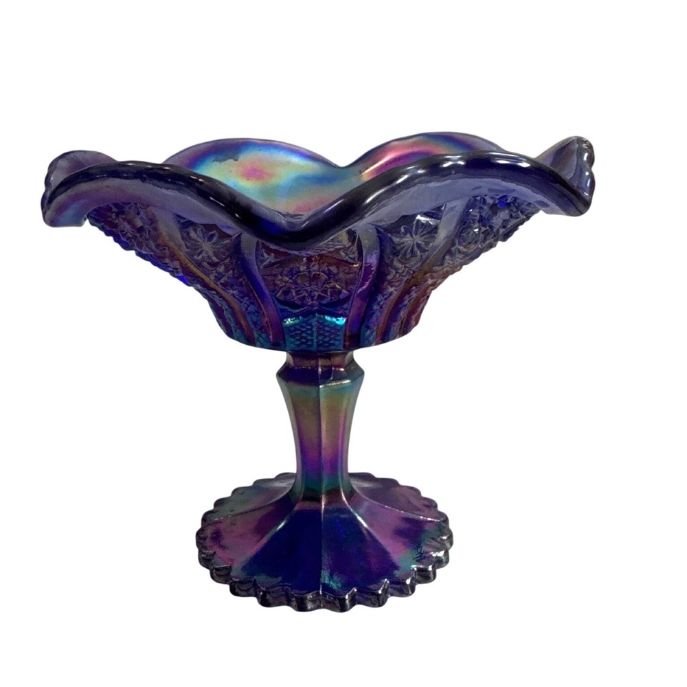 Vintage Cobalt Blue Carnival Glass Compote Ruffled Star Diamond Pedestal Bowl